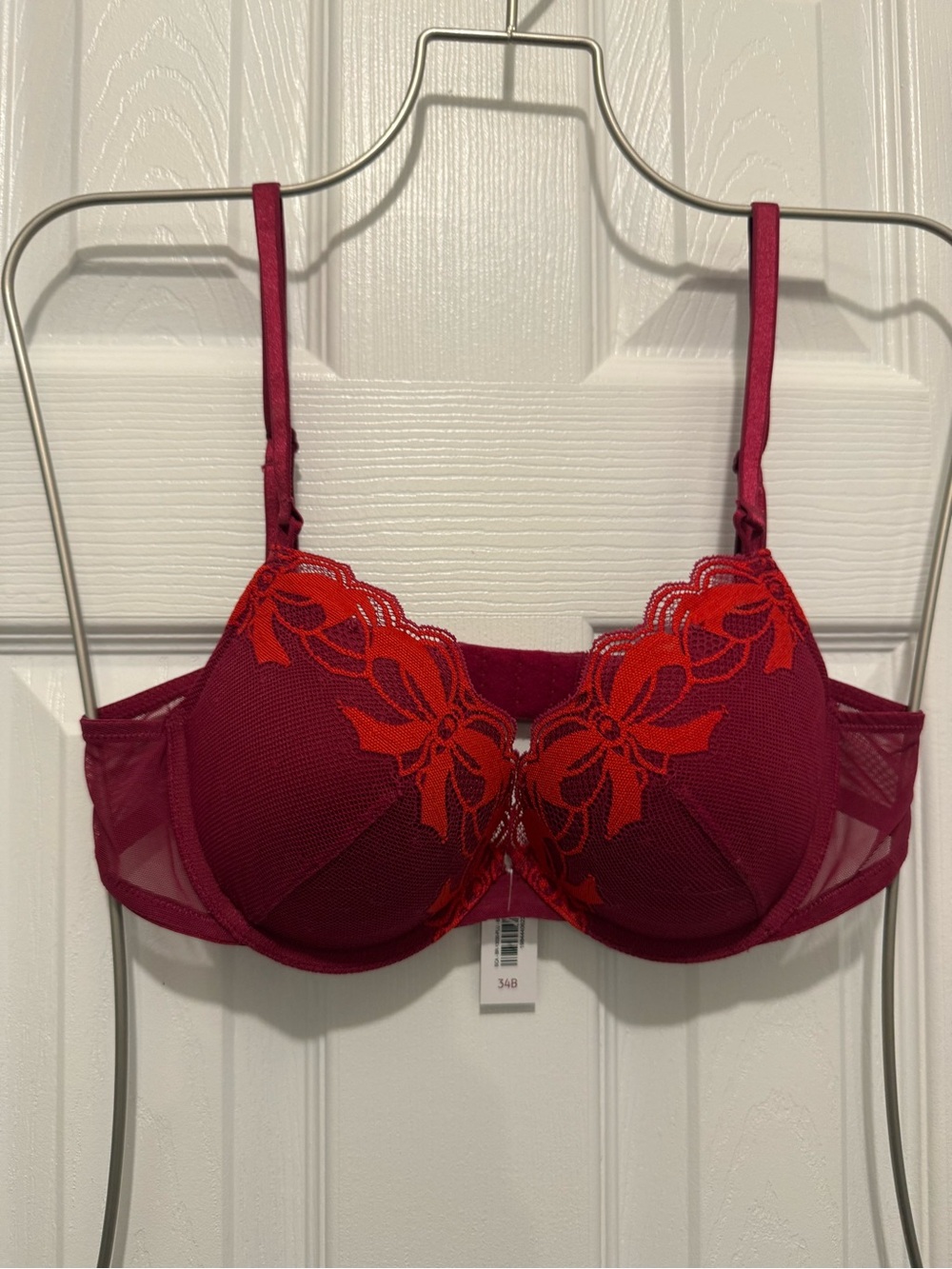 Adore Me Burgundy Bra with Red Floral Lace Accents 34B NWT